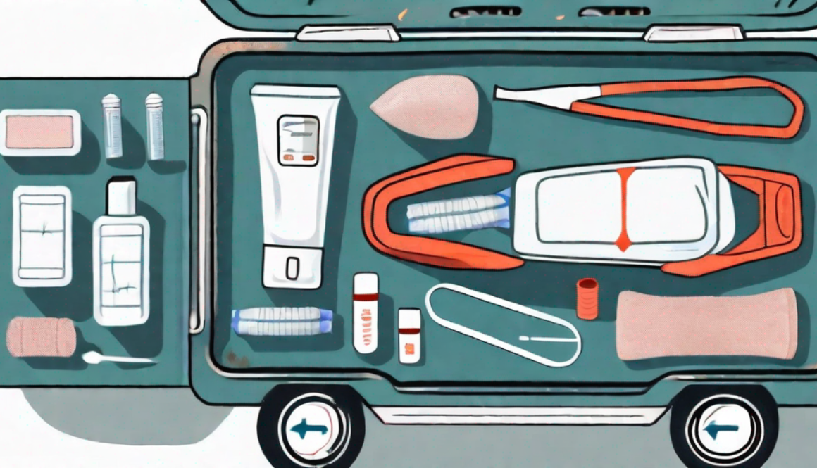 An open car medical kit with various emergency medical supplies like bandages